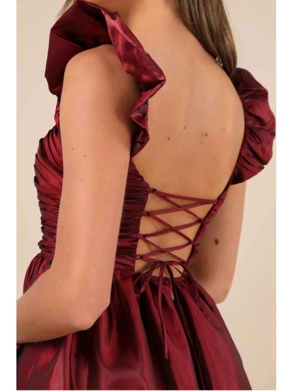 NWT Lulus Poised Passion Wine Red Taffeta Pleated Ruffled Midi Dress Size S - Picture 4 of 9